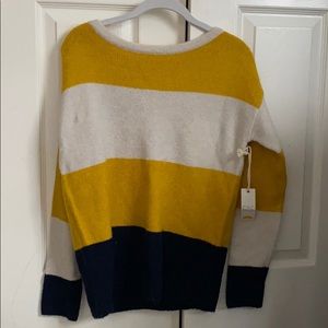 Yellow, white, and navy stripped sweater.